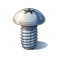A detailed, stylized illustration of a silver metal screw with a phillips head, showcasing its metallic texture and threaded shaft.