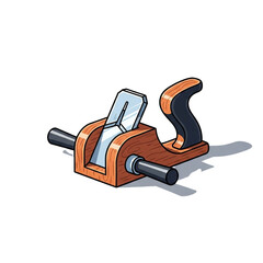 A detailed, stylized illustration of a vintage wooden hand plane with a shiny metal blade and dark ergonomic handles, casting a subtle video game character.