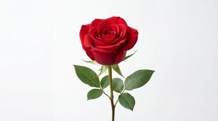 Vibrant red rose with lush green leaves on white background