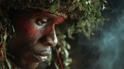 African man adorned with natural foliage and face paint, gazing thoughtfully in a misty environment, embodying cultural heritage and connection to nature