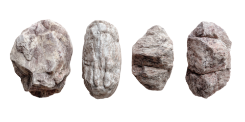 Four natural stones of varying shapes and textures, isolated on a stark black background