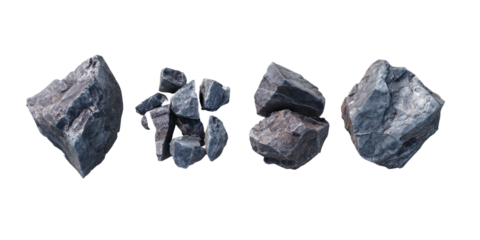 Four natural rocks of varying shapes and sizes against a black background