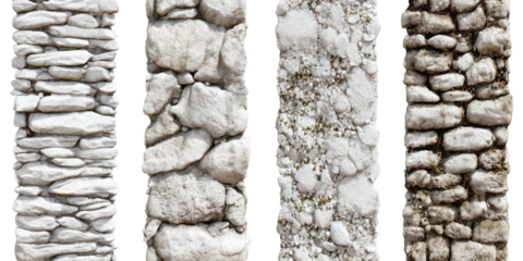 Four vertical textures depict stone walls with varying colors, shapes, and sizes, from rectangular to rounded