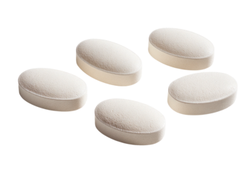 Five oval, white pills, slightly rounded with a textured surface, set against a black backdrop