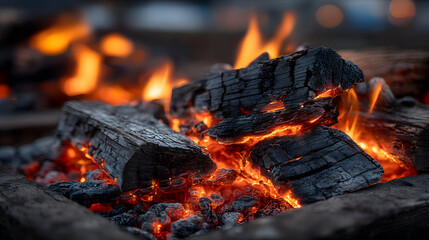 Glowing Charcoal Embers in Fire Pit.