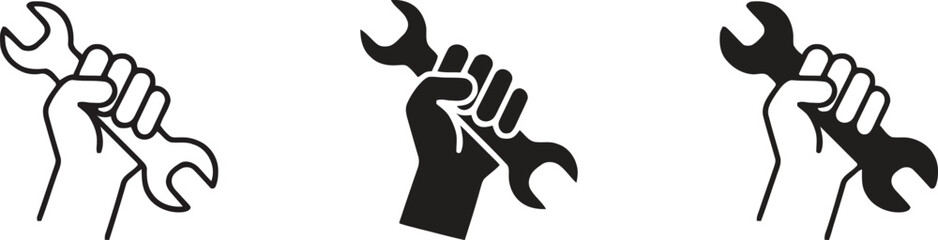 Set of wrench in hand line and glyph icon, spanner in hand vector art, linear style pictogram isolated on white background, repair tool icon