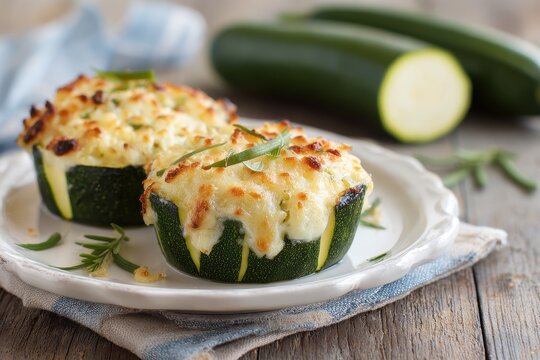 Creative Stuffed Zucchini Bundles: Savory Rice and Vegetable Delight on a White Plate