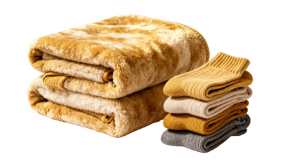 Folded textiles including a fluffy throw and thermal socks stacked on a clean white backdrop representing soothing warmth and chill comfort.