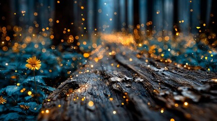 Glowing Fireflies on Wooden Log at Night.