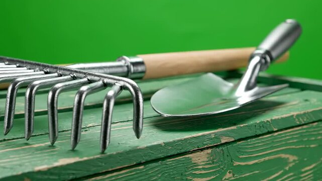 Isolated set of essential metal gardening tools including a rake and trowel resting on a green wooden storage box filmed against a pure chroma key background hobby, clean, domestic