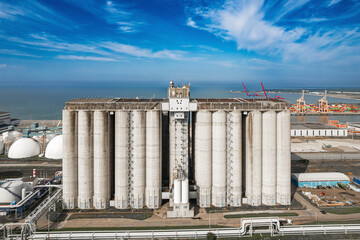 the large grain elevator in a seaport