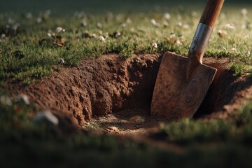 Fototapeta premium Ground Level Perspective: Exploring Buried Utilities with Shovel in Yard During Gardening