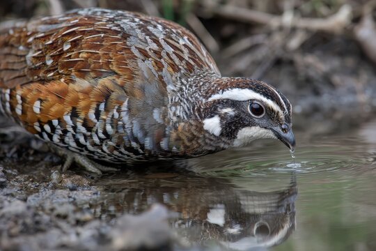 Northern Bobwhite Covey Quenching Thirst in Camouflaged Habitat Near Duck Pond