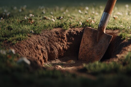 Ground Level Perspective: Exploring Buried Utilities with Shovel in Yard During Gardening