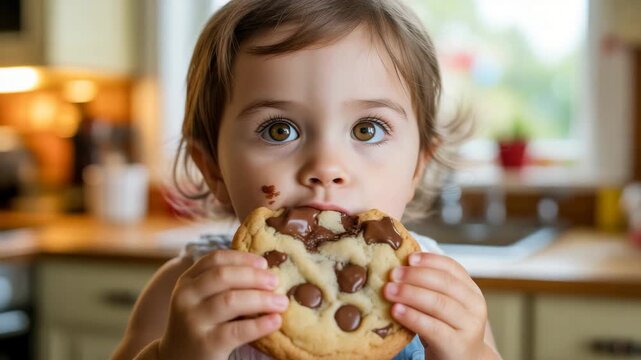Cute little girl enjoying a chocolate chip cookie in the kitchen