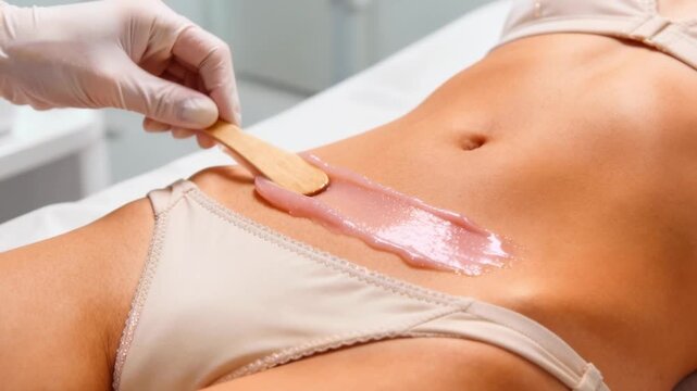 Professional cosmetologist applying pink wax paste with a wooden spatula to a young woman's bikini line for a depilation treatment in a beauty salon, highlighting skincare and hair removal services