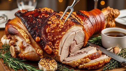 Delicious Crispy Roasted Pork Knuckle Served with Gravy and Aromatic Herbs