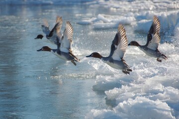 Obraz premium Canvasback Ducks in Flight: A Dramatic Landing on Serene Waters Surrounded by Icy Landscapes