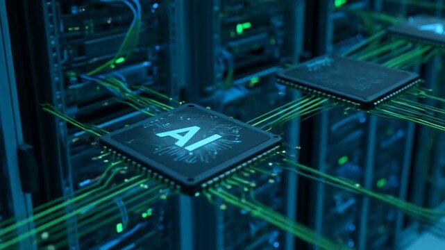 AI microchip in servers with modern IT and artificial intelligence technology