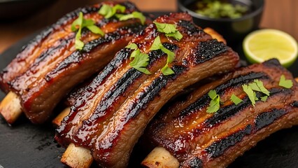 Succulent Grilled Pork Ribs with Glazed BBQ Sauce and Fresh Cilantro Garnish