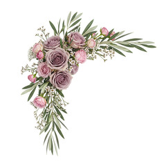 Delicate luxury botanical corner design featuring roses and olive branches in dusty rose isolated on white background.png