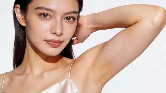 Young asian woman showing the process of underarm skin darkening from smooth and clear to hyperpigmented and discolored, isolated on a white background for a beauty and healthcare concept