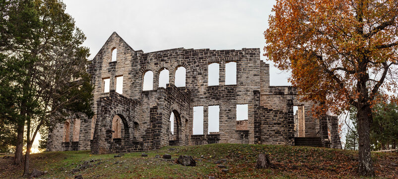 Burned stone ruins of buildings at Ha Ha Tonka State Park in Camdenton, Missouri