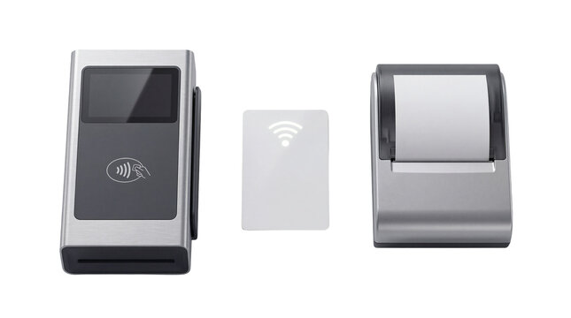 Modern contactless payment terminal with card reader and receipt printer on white background with modern technology and financial transaction