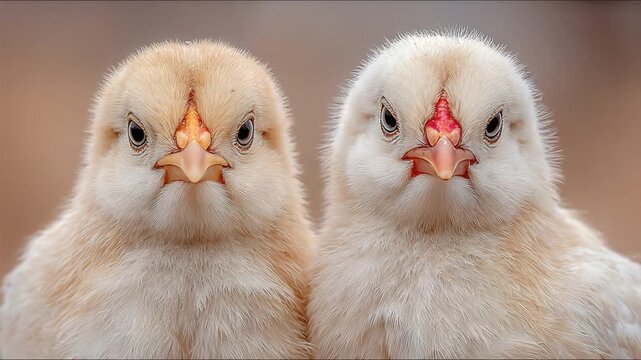 A Close-Up Encounter: Two Chicks Display Their Unique Expressions in a Charming Nature Setting