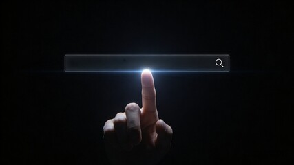 A finger touches a minimalist glowing search bar in the dark.