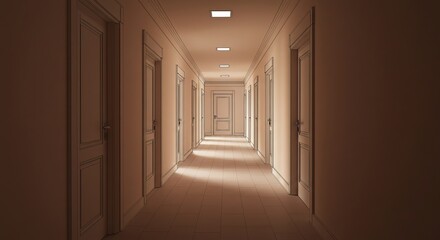 Empty hallway with many doors and overhead lights