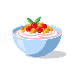 Yogurt with granola and raspberries in blue bowl on white background  