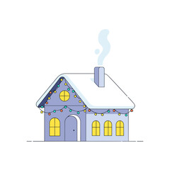 Cozy cabin with Christmas lights and smoke coming from chimney  