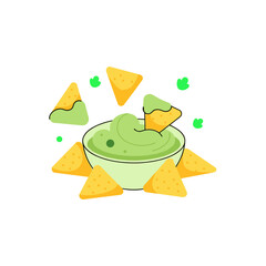 Tortilla chips with guacamole in a bowl and scattered around  