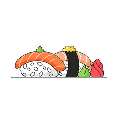 Sushi nigiri and maki rolls with colorful toppings displayed  