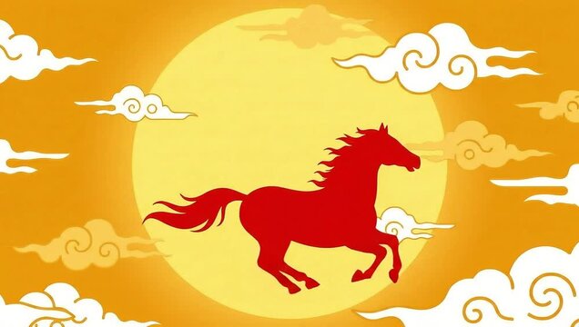 A running red horse Chinese zodiac sign vector illustration design features a stallion animal symbol and heraldic silhouette art on a blue background wall in China