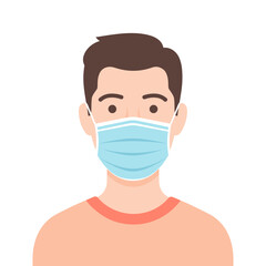 Young man wearing blue surgical mask on white background  