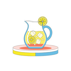 Lemonade pitcher with ice cubes and lemon slices on colorful background  