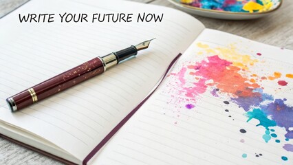 Open Journal With Fountain Pen and Watercolor Splashes