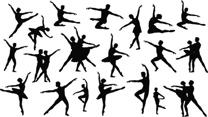 Ballet dancer silhouettes set with multiple dynamic poses, classical and contemporary dance movements illustration isolated on white backgroundWeb
