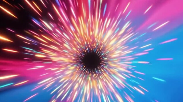 Multicolor bright explosion of vivid particles forming dynamic, futuristic gradients. Macro-style animation with modern VFX abstraction, resembling a colorful eye opening and an energetic firework dis