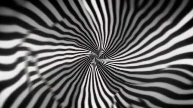 A hypnotic psychedelic tunnel of black and white lines twists and rotates, forming a mesmerizing 3D optical illusion filled with mystery and magic.