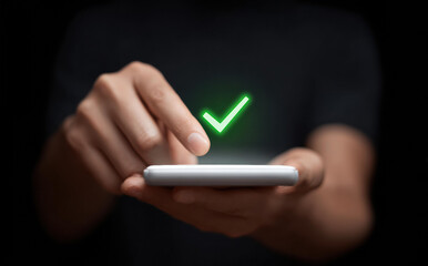 Smart phone user tap screen for successful approval of digital transaction with green check mark icon showing secure verification and safety of technology business