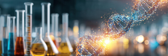 Biotechnology science background with test tube and genetic double helix molecule show discovery of medicine and chemical biology evolution in laboratory for future medical research and innovation