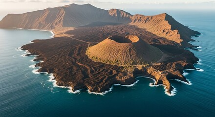 Aerial view of a volcanic island with a caldera and lava fields on the coast.