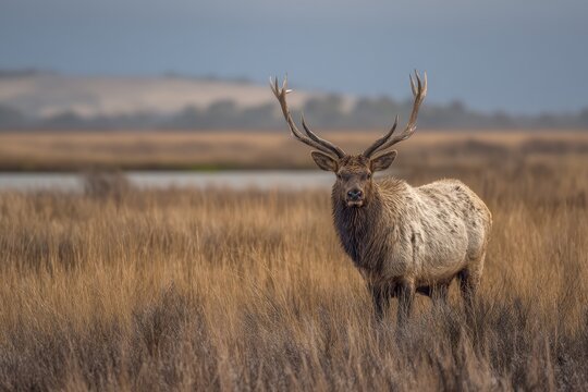 Majestic Tule Elk Bull Amidst Windswept California Marshlands
