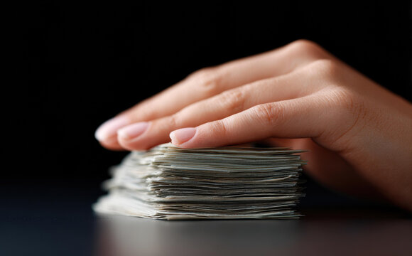 Female hand carefully holding stack of money banknote on dark black background showing wealth and success with greedy possessive emotion for financial security savings investment and profit