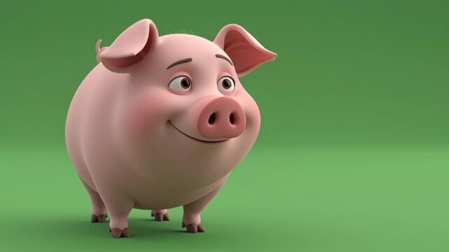 A realistic side-view illustration of a healthy pink domestic pig standing on a solid green background.