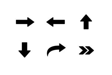 Collection of six distinct black arrow icons on a white background, representing direction and movement