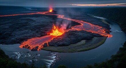 Fiery lava river flows through volcanic landscape under twilight sky